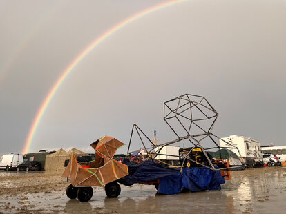 The undated image shows a rainbow seen over the muddy grounds of the &ldquo;Burning Man&rdquo; festival. Tens of thousands of visitors to the desert festival &ldquo;Burning Man&rdquo; are stranded on the site in the US state of Nevada after heavy rainfall over the weekend.