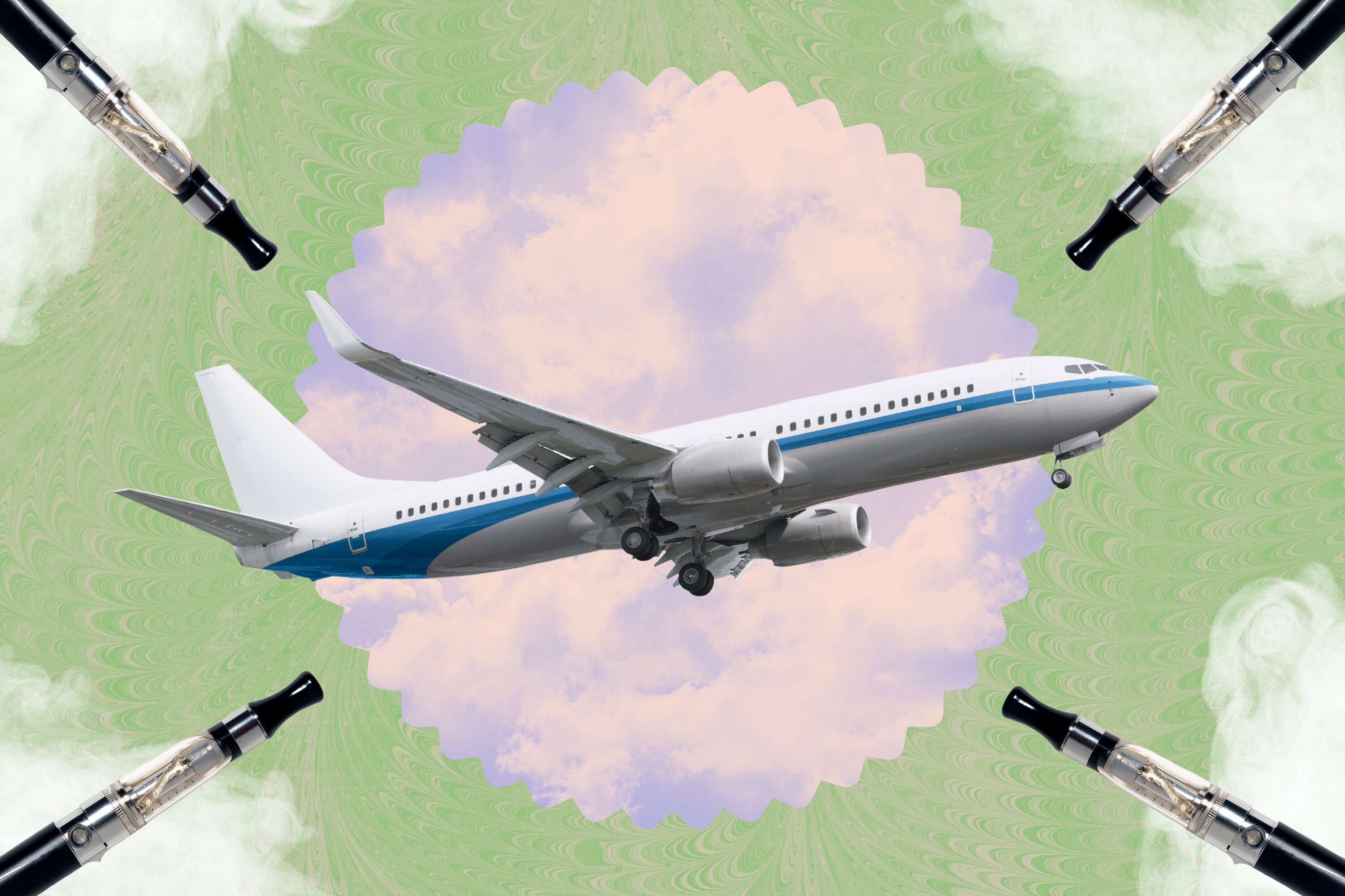 A plane surrounded by vapes on a green backdrop. 