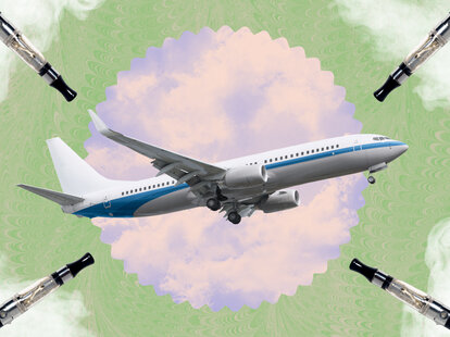 A plane surrounded by vapes on a green backdrop.