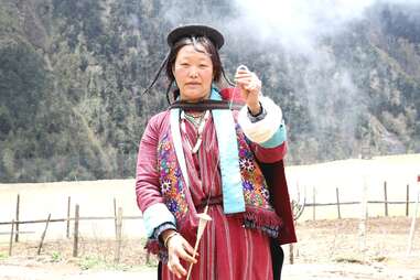 Bhutanese woman wearing woven clothing
