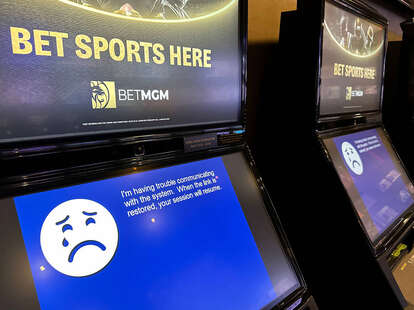 Betting kiosks at the sportsbook at MGM Grand in Las Vegas on Sept. 12, 2023. MGM Resorts International properties had a cybersecurity issue that thwarted credit card transactions and affected computerized systems.