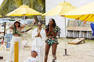 the cast of the real housewives of new york playing beach games in anguilla