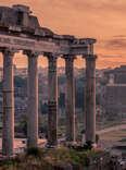 Rome, Italy: The Roman Forum, Latin: Forum Romanum, Italian: Foro Romano, in the spectacular sunrise. Beautiful representative picture of antique ruins. The historical center of the Forever City.