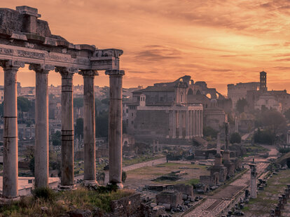 Rome, Italy: The Roman Forum, Latin: Forum Romanum, Italian: Foro Romano, in the spectacular sunrise. Beautiful representative picture of antique ruins. The historical center of the Forever City.