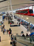 The busy passenger terminal at the airport in Detroit. 
