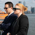 Jeremy Strong and Sarah Snook standing in NYC on the set of HBO' Succesion.