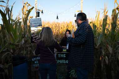 couple visiting booth in corn maze
