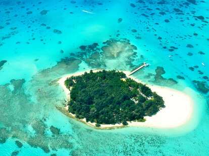 Wide aerial view of Managaha Island, a famous destination close to Saipan, Northern Mariana Islands. 