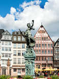 Old town square romerberg with Justitia statue in Frankfurt, Germany