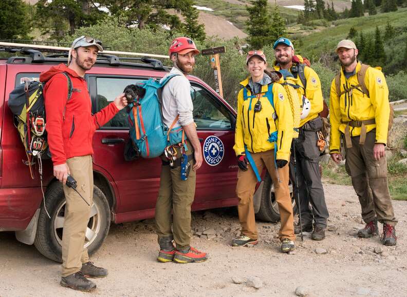 Rescue team carry injured dog off mountain