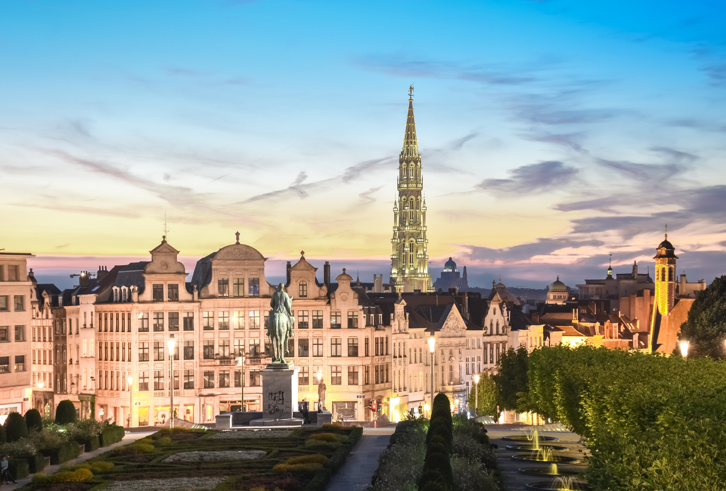 Brussels skyline at dusk with majestic City Hall tower