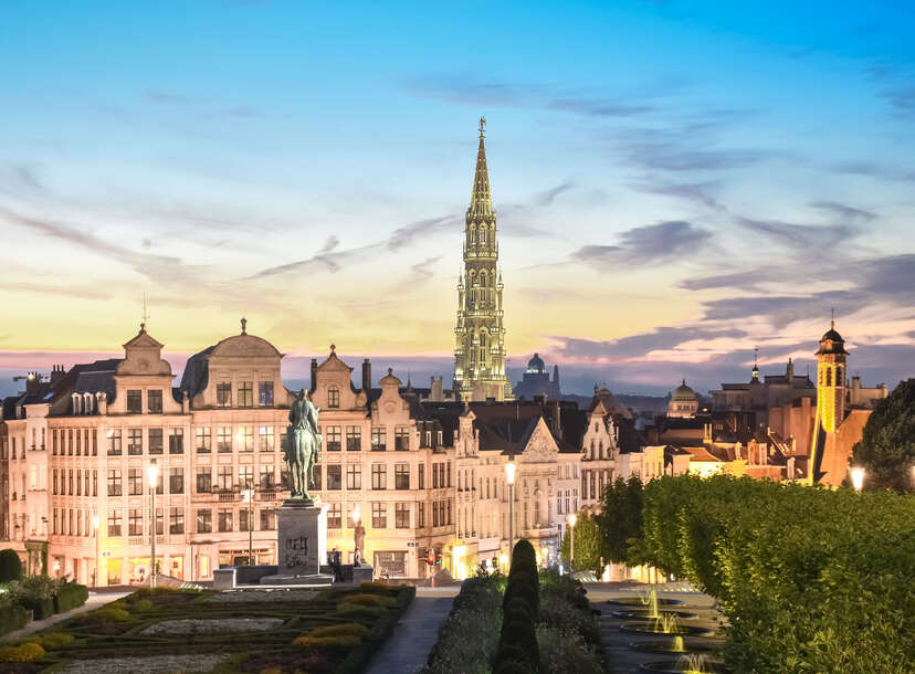 Brussels skyline at dusk with majestic City Hall tower