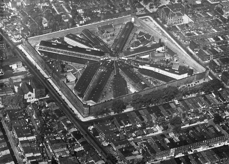 An historic photo of the 10-acres of Eastern State Penitentiary, taken in 1949