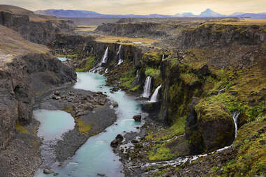 Sigöldugljúfur valley in iceland with many waterfalls