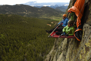 pair of men cliff camping in estes park, colorado