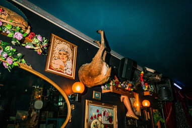 wall of a bar with kitschy art