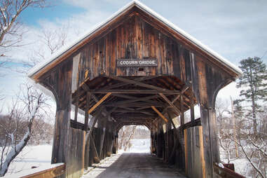 covered bridge in the snow, montepelier vermont