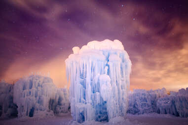 midway, utah ice castles tower at night