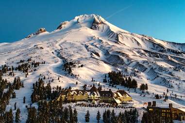 overhead view of timberline ski lodge on snowy mountain landscape