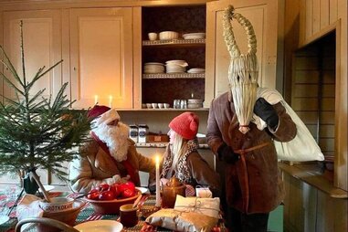 yule goat and santa at sweden’s naas slott mansion