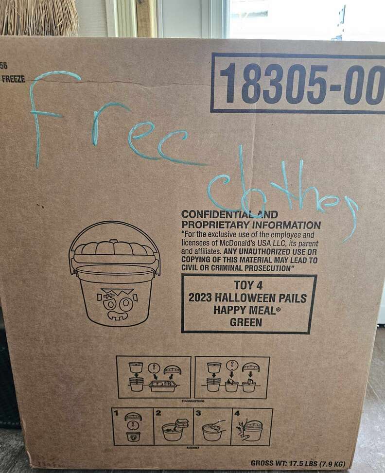 box marked "free clothes"