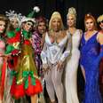 drag queens pose in christmas costumes