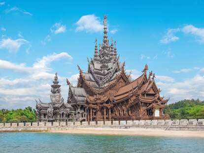 Beautiful view of Buddhist sculpture near the Temple of Truth in Pattaya, Thailand.