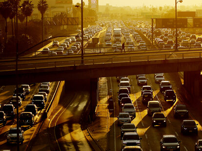 Motor traffic crawls in both directions of the Harbor Freeway in downtown Los Angeles on Thankgiving getaway day on Wednesday, Nov. 23, 2022