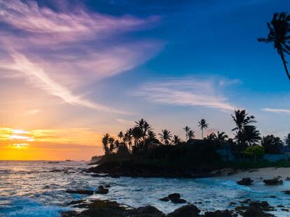 Extremely beautiful  sunset under the coconut palms on Sri Lanka beach.