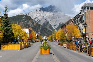 banff avenue with cascade mountain in the background