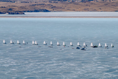 Iceboats, frozen, lake