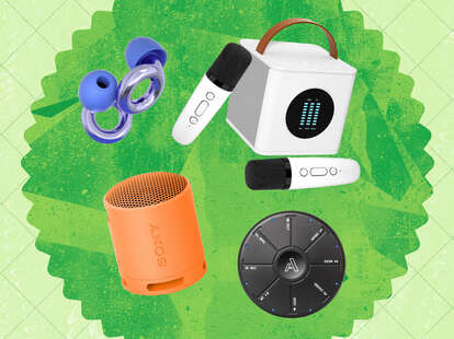 collage of portable speaker, synthesizer, karaoke machine, ear plugs