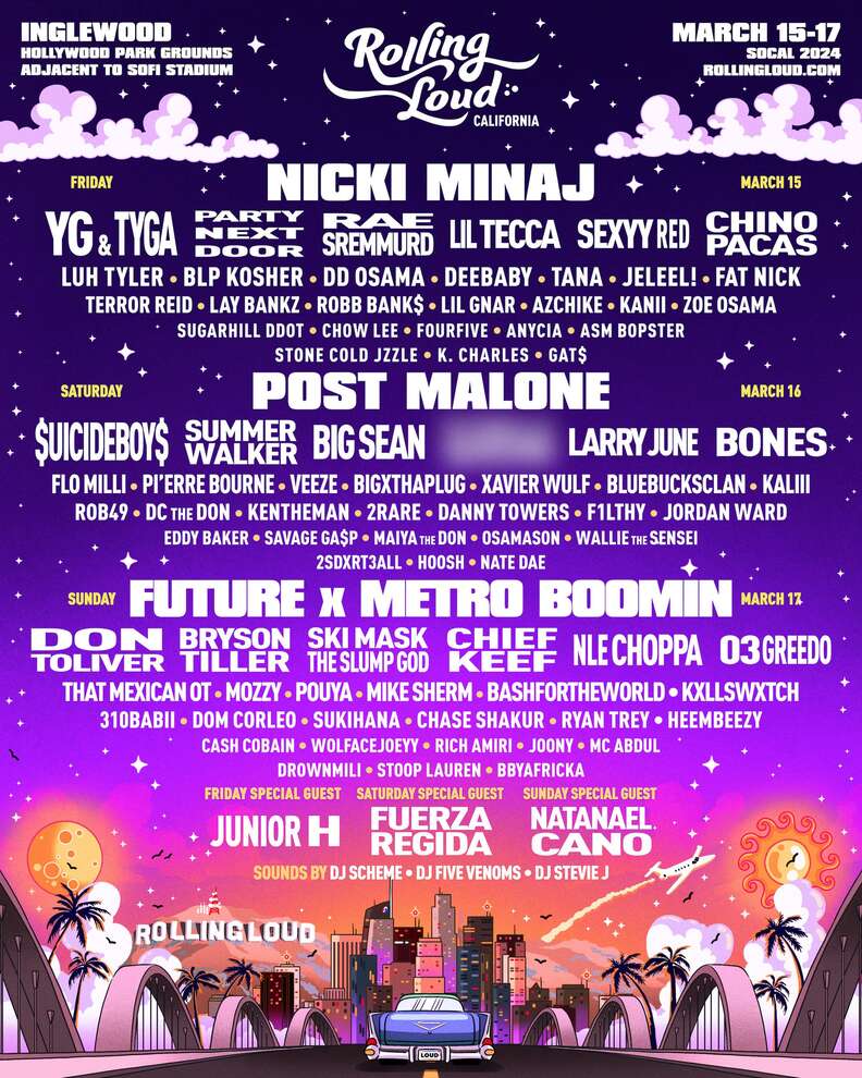 rolling loud california lineup 2024 over a purple background