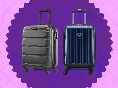 A collage of Samsonite and Delsey roller luggage, over dark purple and light purple background. 