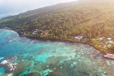 aerial view of corn islands surrounded by turquoise water