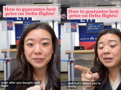 Screenshots of a video detail a “travel hack” to get cheaper Delta flights.