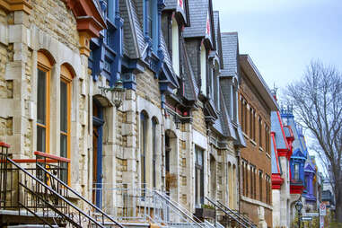 colorful townhouses on a tree-lined street