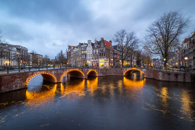 Amsterdam bridge over canal in winter