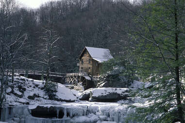 cabin in, fayette county, west virginia, frozen in winter