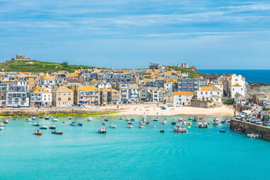 st ives, cornwall, uk, seaside resort, from afar, with blue water