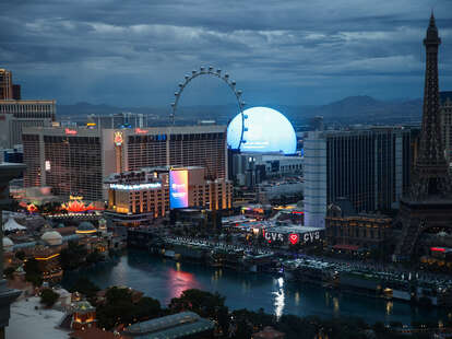 The strip on Las Vegas Boulevard, as an aerial view.