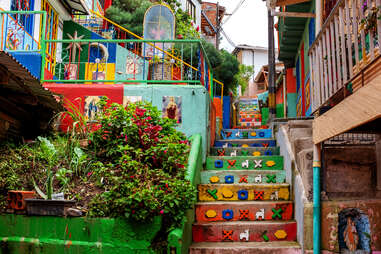 colorful stairs, in the village of guatape, colombia