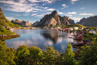 reine, norway, fishing village, sunny, aerial view