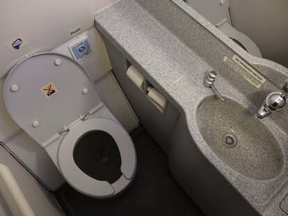 A small plane bathroom.