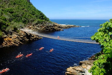 canoes passing under suspension bridge at tsitsikamma national park