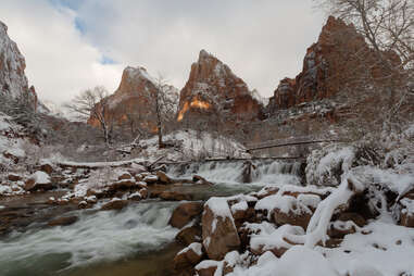 snowy landscape of the patriarchs in zion national park