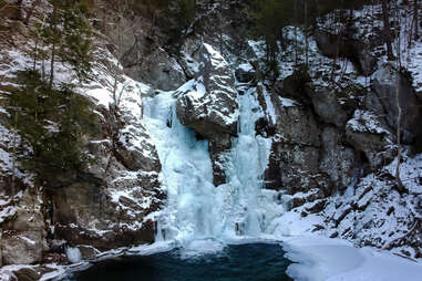 icy waterfall of bash bish falls