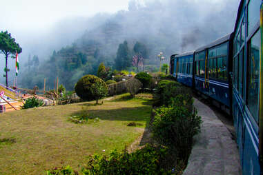 darjeeling himalayan railway passing through mist-covered garden