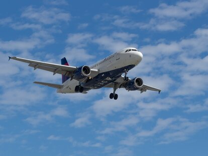 Delta Air Lines Airbus A319 shown on final approach into LAX, Los Angeles International Airport.