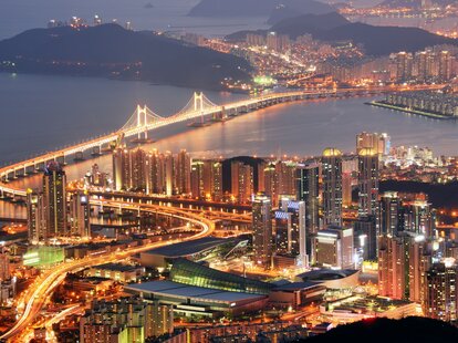 Sparkling night skyline of Busan, South Korea at night.